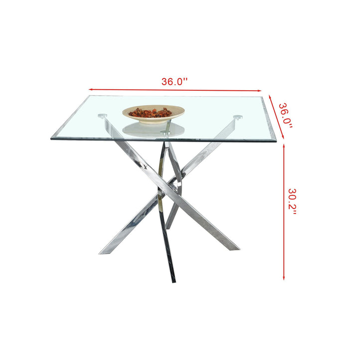 Contemporary Square Clear Dining Tempered Glass Table with Silver Finish Stainless Steel Legs