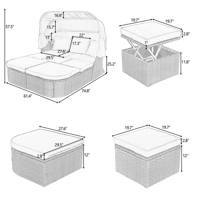 Outdoor Patio Furniture Set Daybed Sunbed with Retractable Canopy and Gray Cushions