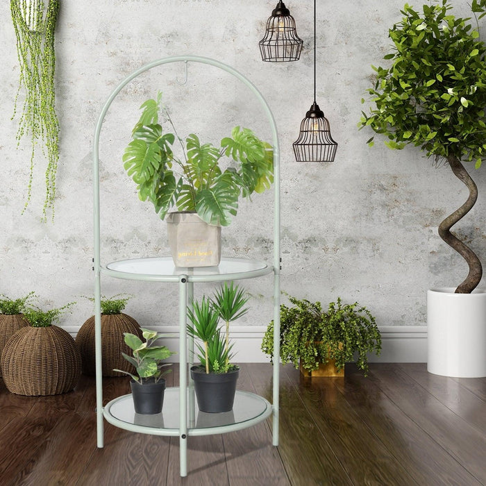 Glass Top End Table withStorage,Round Multi-Tiered Plant Stand - Mint green