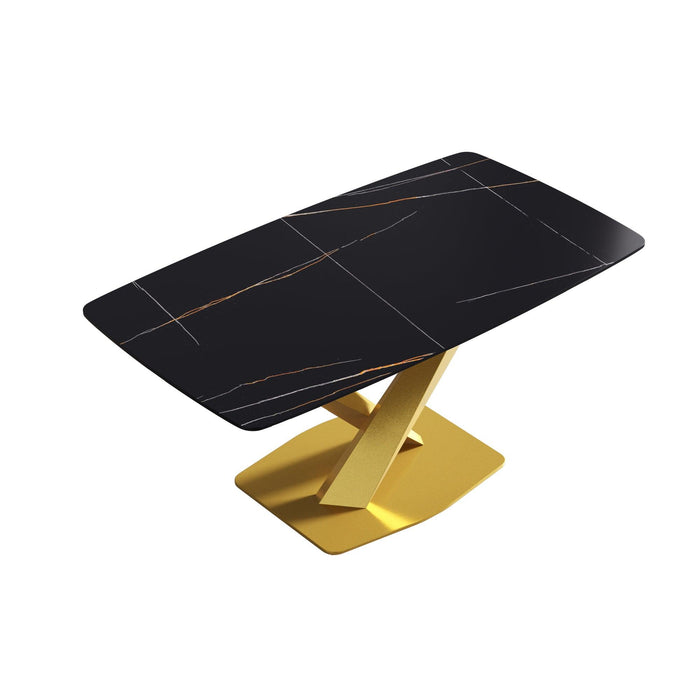 63"Modern artificial stone black curved golden metal leg dining table -6 people