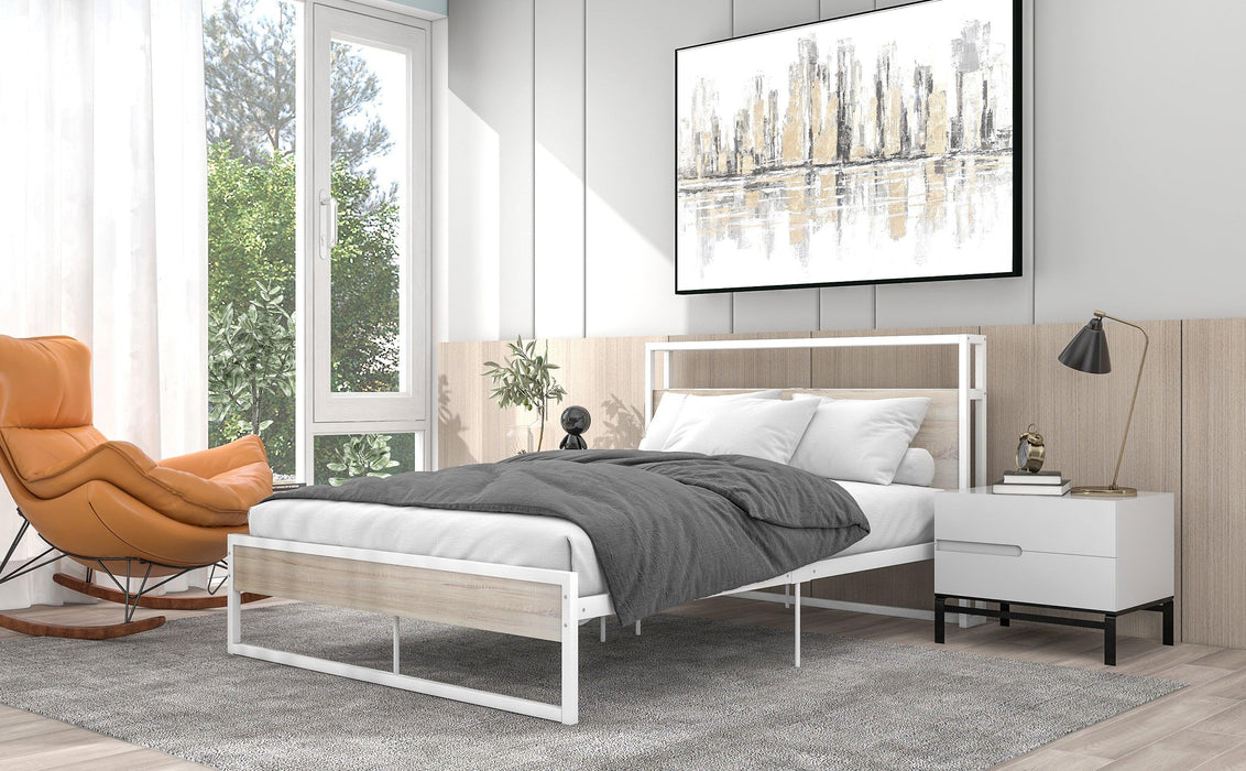 Full Size Metal Platform Bed Frame with Sockets, USB Ports and Slat Support ,No Box Spring Needed White