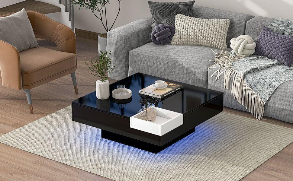 Modern Minimalist Design 31.5*31.5in Square Coffee Table with Detachable Tray and Plug-in 16-color LED Strip Lights Remote Control for Living Room