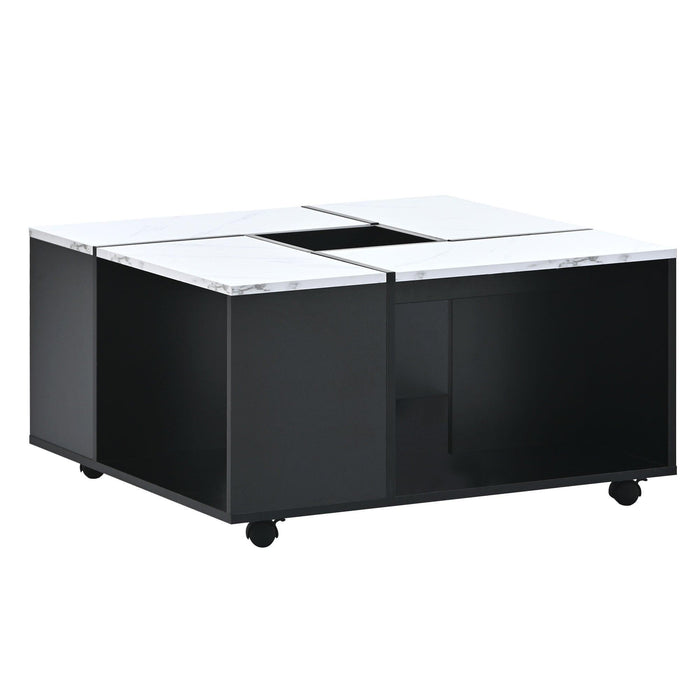 Modern 2-layer Coffee Table with Casters, Square Cocktail Table with Removable Tray，UV High-gloss Marble Design Center Table for Living Room，31.4”x 31.4”