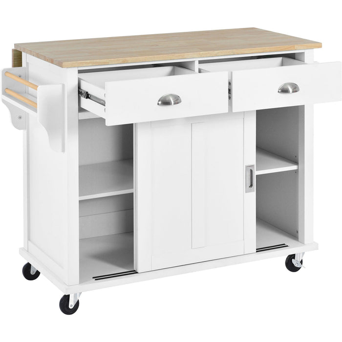 Kitchen Cart with Rubber wood Drop-Leaf Countertop, Concealed sliding barn door adjustable height,Kitchen Island on 4 Wheels withStorage Cabinet and 2 Drawers,L52.2xW30.5xH36.6 inch, White