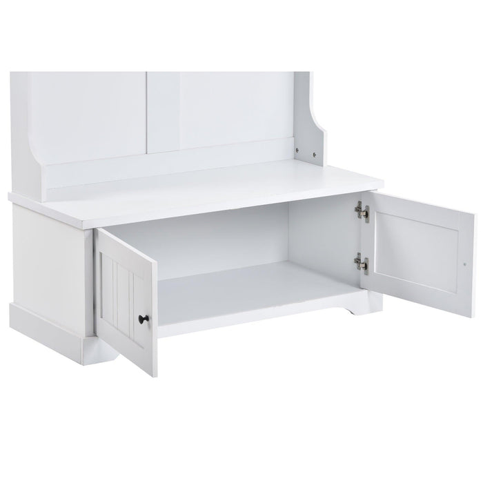 Hall Tree Entryway Bench with Shelves Cabinet and Four Hooks, 3-in-1 Design, White