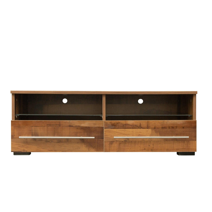 The Wood grain color TV cabinet has two drawers with color-changing light strips