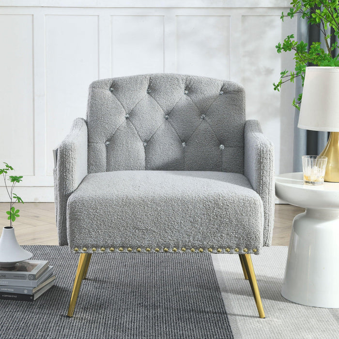 30 "WModern Chesterfield Tufted Upholstered Chair with Deep Buttons, Living Room Chair, Comfortable Armchair, Gold Hardware Legs, Tufted Chair for Reading or Relaxing, GREY TEDDY