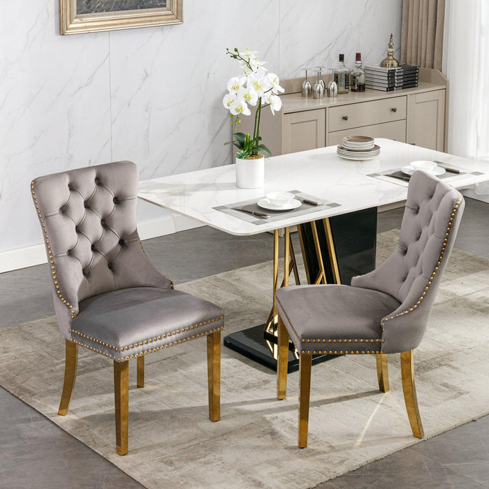 Nikki CollectionModern, High-end Tufted Solid Wood Contemporary Velvet Upholstered Dining Chair with Golden Stainless Steel Plating Legs,Nailhead Trim,Set of 2,Gray and Gold, SW1601GY