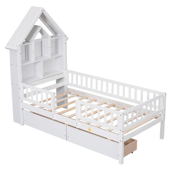 Twin Size House-Shaped Headboard Bed with Fence Guardrails and Drawers ,White