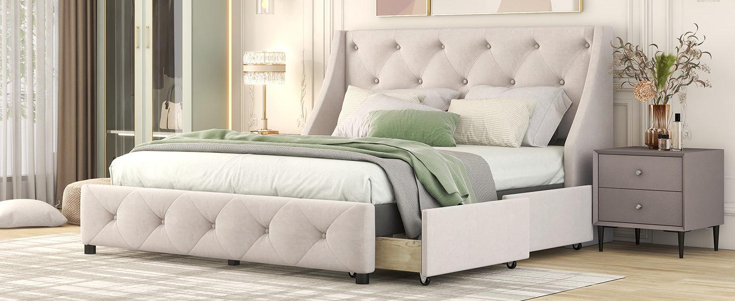 Upholstered Platform Bed with Wingback Tufted Headboard and 4 Drawers, No Box Spring Needed, Linen Fabric, Queen Size Beige