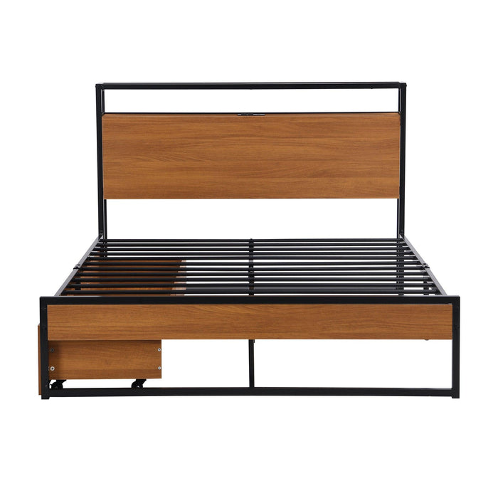 Full Size Metal Platform Bed Frame with  Two Drawers,Sockets and USB Ports ,Slat Support No Box Spring Needed Black