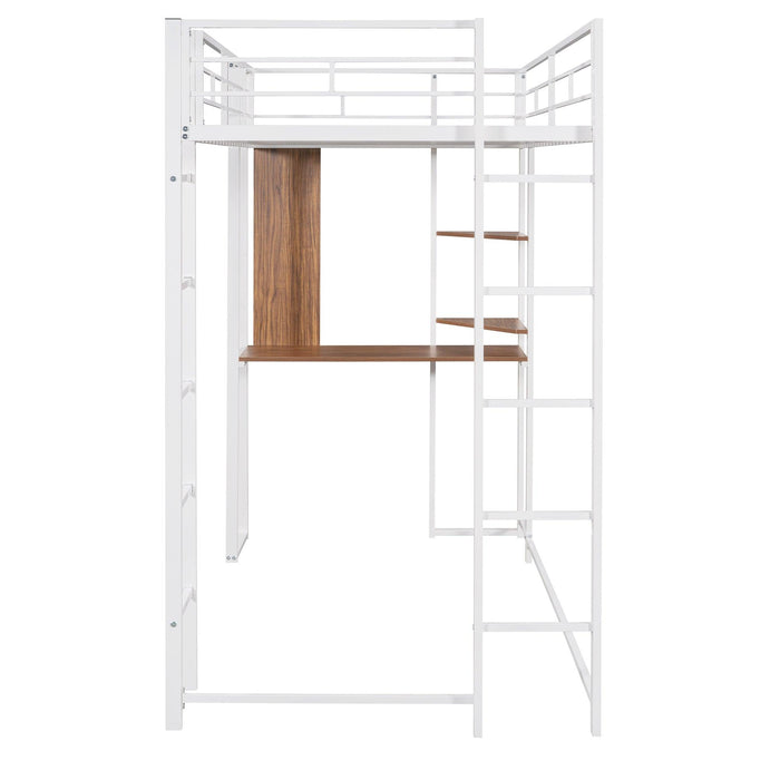 Twin Metal Loft Bed with 2 Shelves and one Desk ,WHITE