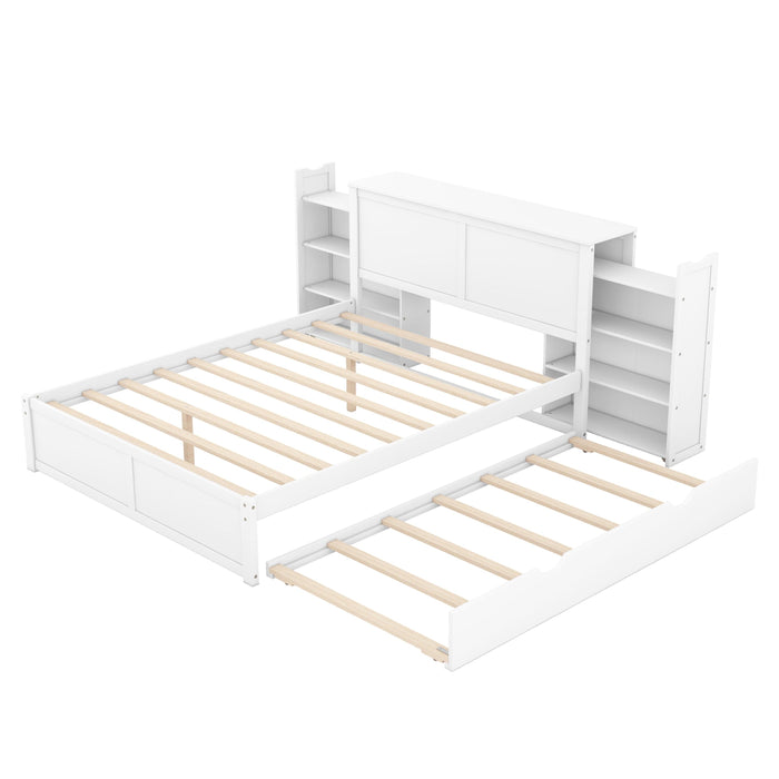 Queen SizeStorage Platform Bed with Pull Out Shelves and Twin Size Trundle, White