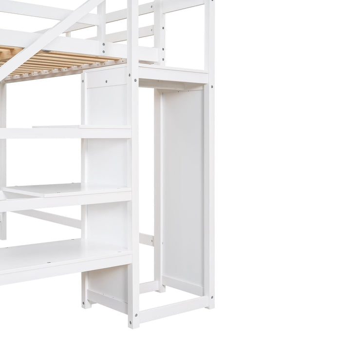 Full Size Loft Bed with Built-inStorage Wardrobe and Staircase,White