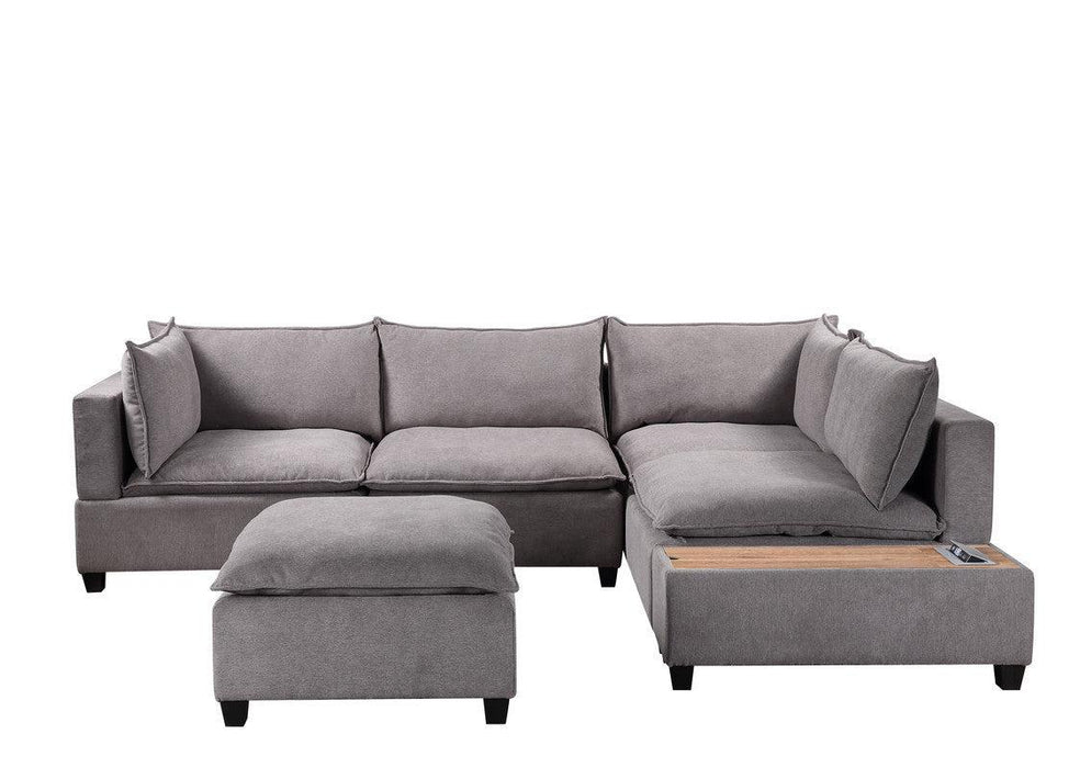 Madison Light Gray Fabric 6 Piece Modular Sectional Sofa with Ottoman and USBStorage Console Table