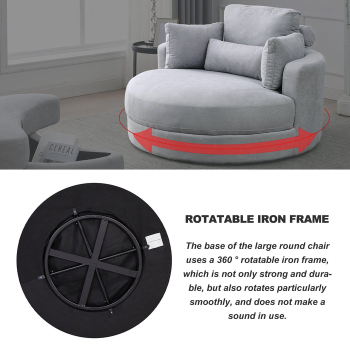 Swivel Accent BarrelModern Grey Sofa Lounge Club Big Round Chair withStorage Ottoman Linen Fabric for Living Room Hotel with Pillows