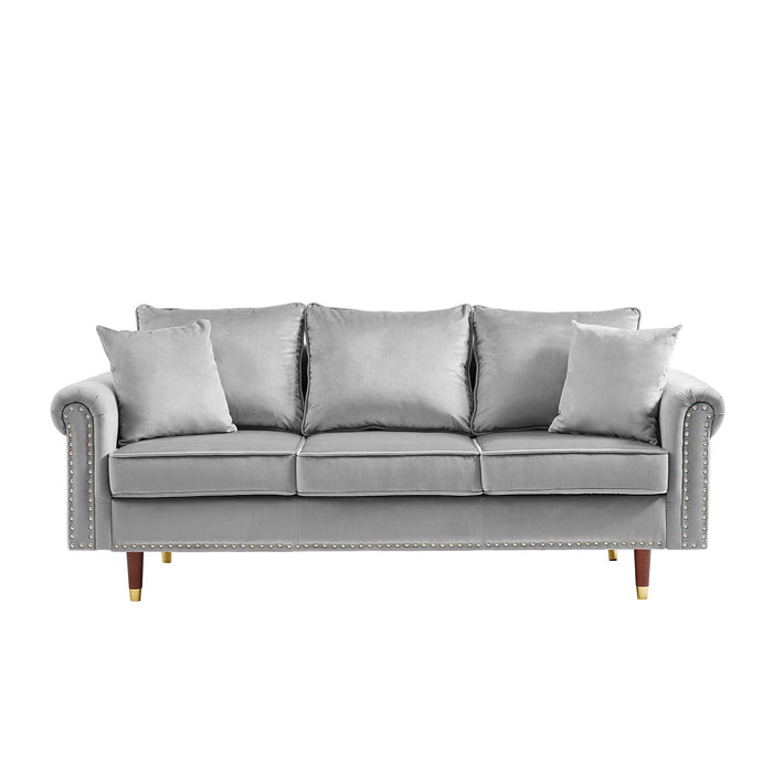 GREY Velvet Sofa Couch with 2 Pillows,Modern 3 Seater Sofa With Wood Legs for Living Room and Bedroom .