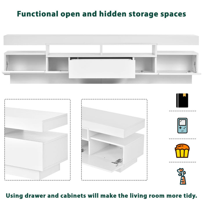 TV Stand with 4 Open Shelves,Modern High Gloss Entertainment Center for 75 Inch TV, Universal TVStorage Cabinet with 16-color RGB LED Color Changing Lights, White