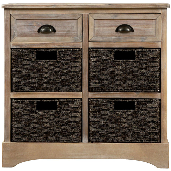 RusticStorage Cabinet with Two Drawers and Four Classic Rattan Basket for Dining Room/Living Room (White Washed)