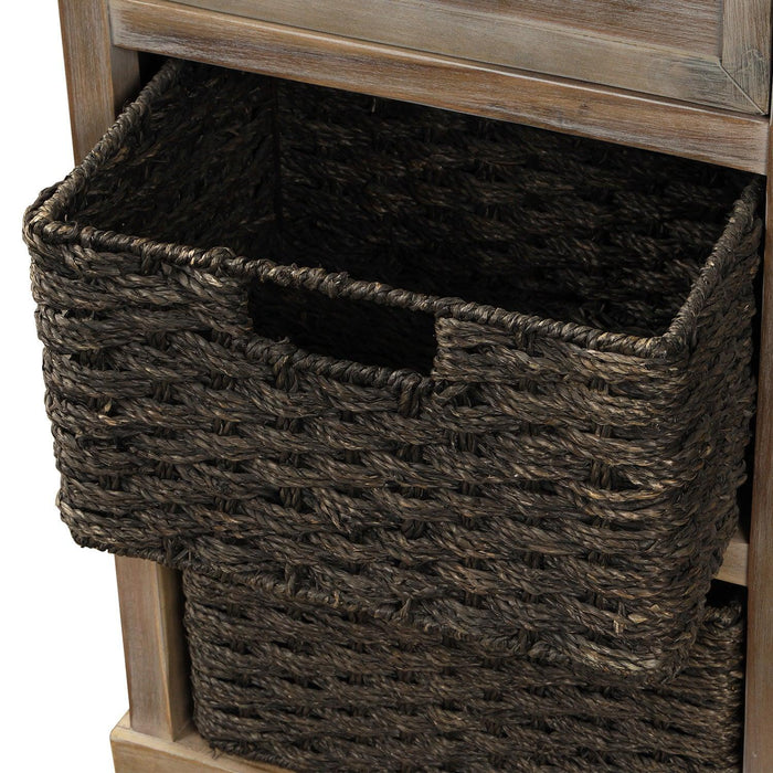 RusticStorage Cabinet with Two Drawers and Four Classic Rattan Basket for Dining Room/Living Room (White Washed)