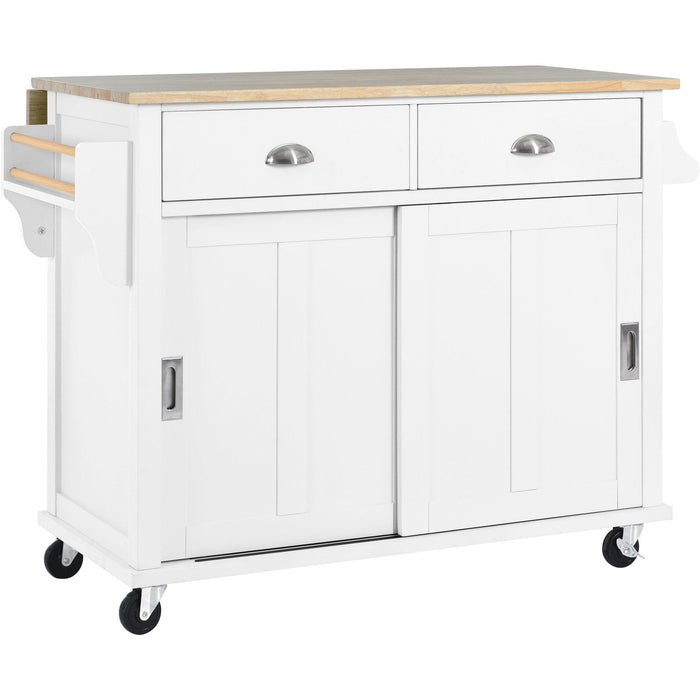 Kitchen Cart with Rubber wood Drop-Leaf Countertop, Concealed sliding barn door adjustable height,Kitchen Island on 4 Wheels withStorage Cabinet and 2 Drawers,L52.2xW30.5xH36.6 inch, White