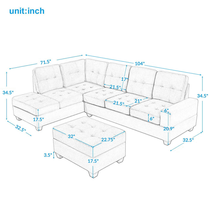 Sectional Sofa with Reversible Chaise Lounge, L-Shaped Couch withStorage Ottoman and Cup Holders