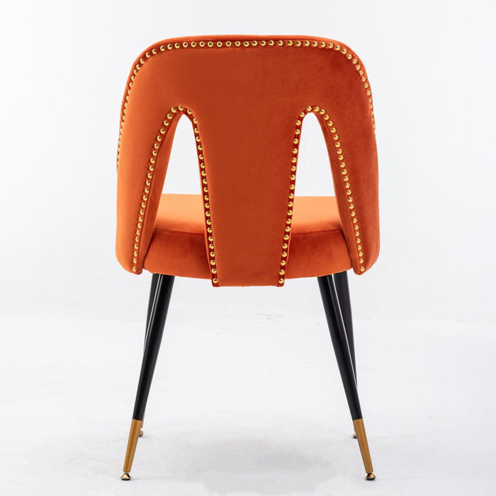 Akoya CollectionModern | Contemporary Velvet Upholstered Dining Chair with Nailheads and Gold Tipped Black Metal Legs, Orange，Set of 2