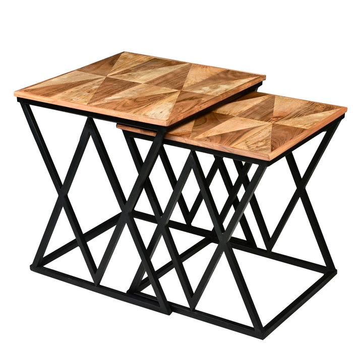 Madeline 25, 23 Inch Square 2 Piece Nesting End Table Set, Wood Top, Iron Frame, Brown and Black