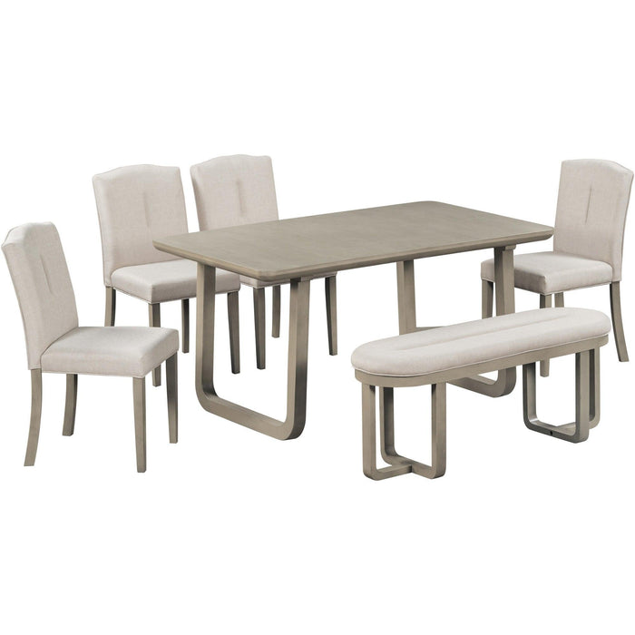 6-Piece Retro-Style Dining Set Includes Dining Table, 4 Upholstered Chairs & Bench with Foam-covered Seat Backs&Cushions for Dining Room (Light Khaki+Beige)