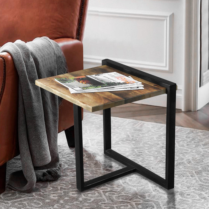 Industrial End Table with Wooden Rectangular Top and Metal Frame, Brown and Black