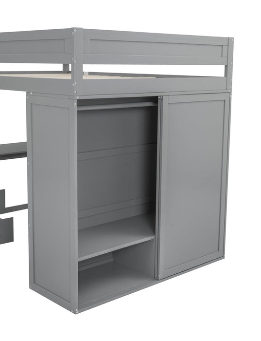 Wood Full Size Loft Bed with Wardrobes and 2-Drawer Desk with Cabinet, Gray