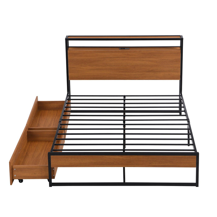 Full Size Metal Platform Bed Frame with  Two Drawers,Sockets and USB Ports ,Slat Support No Box Spring Needed Black