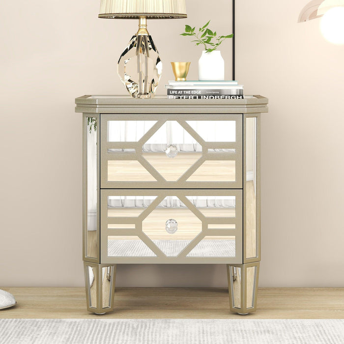 Elegant Mirrored 2-Drawer Side Table with lden Lines for Living Room, Hallway, Entryway