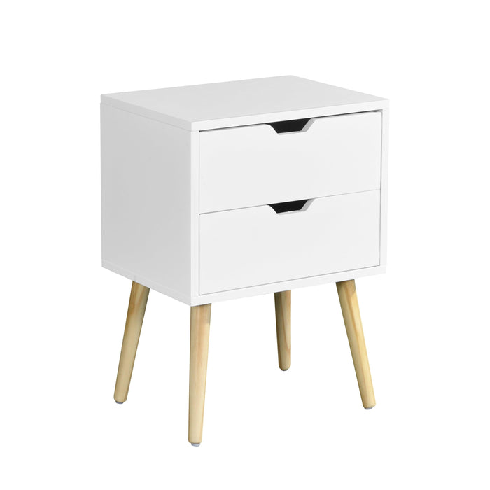 Side Table with 2 Drawer and Rubber Wood Legs, Mid-CenturyModernStorage Cabinet for Bedroom Living Room Furniture, White