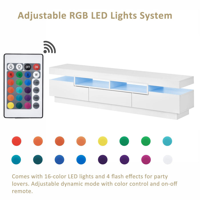 TV Stand with 4 Open Shelves,Modern High Gloss Entertainment Center for 75 Inch TV, Universal TVStorage Cabinet with 16-color RGB LED Color Changing Lights, White