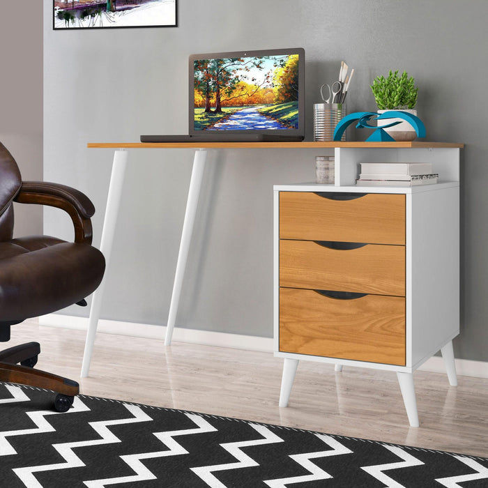 Wooden Office Computer Desk with Angled Legs & Attached File Cabinet, White & Brown