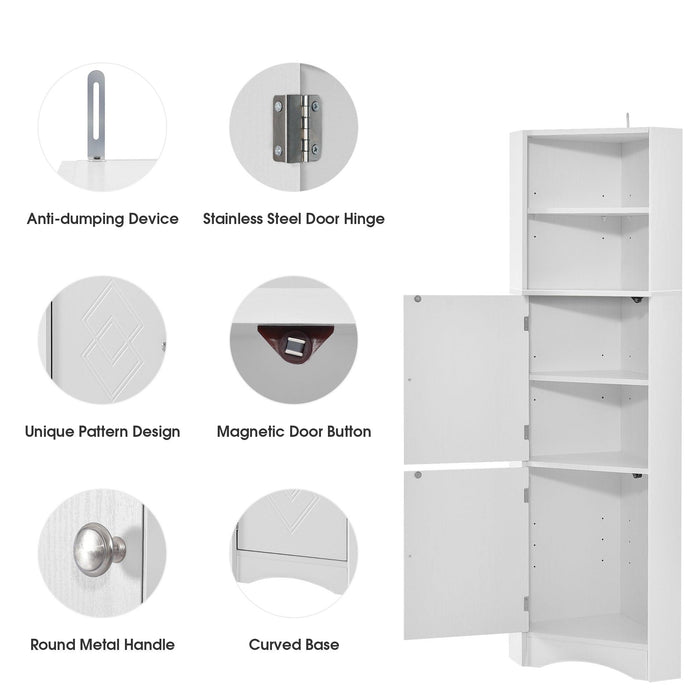 Tall Bathroom Corner Cabinet, FreestandingStorage Cabinet with Doors and Adjustable Shelves, MDF Board, White