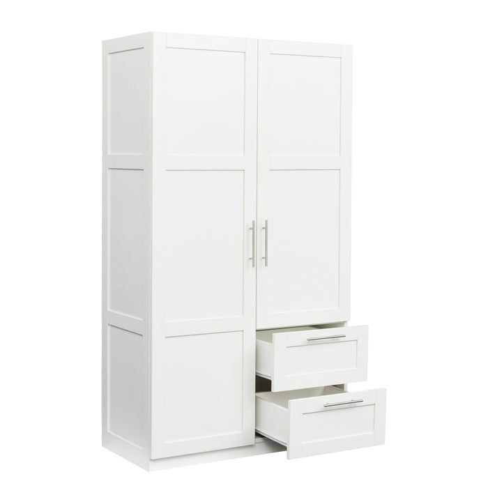 High wardrobe and kitchen cabinet with 2 doors, 2 drawers and 5Storage spaces,white