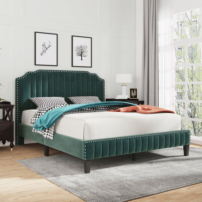 Modern Velvet Curved Upholstered Platform Bed , Solid Wood Frame , Nailhead Trim, Green(Queen)