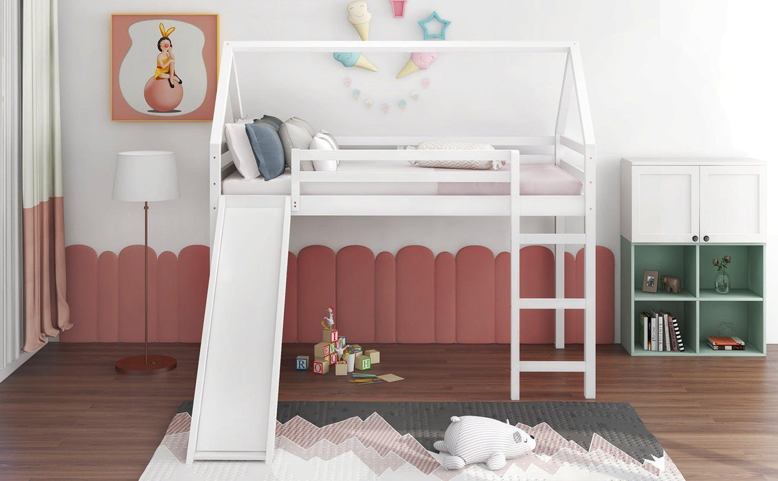 Twin Size Loft Bed with Slide, House Bed with Slide,White