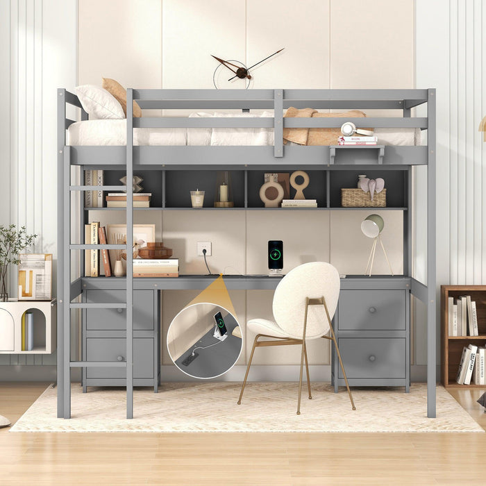 Full Size Loft Bed with Desk, Cabinets, Drawers and Bedside Tray, Charging Station, Gray