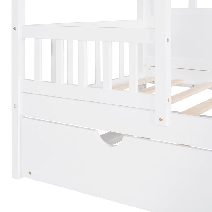 Twin Size Wood House Bed With Twin Size Trundle, Wooden Daybed, White