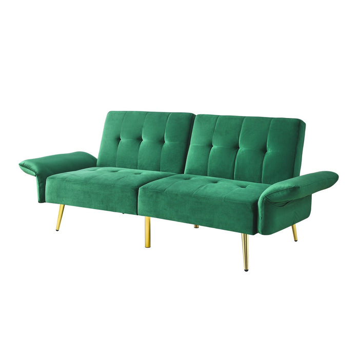 78" Italian Velvet Futon Sofa Bed, Convertible Sleeper Loveseat Couch with Folded Armrests andStorage Bags for Living Room and Small Space, Green 280g velvet