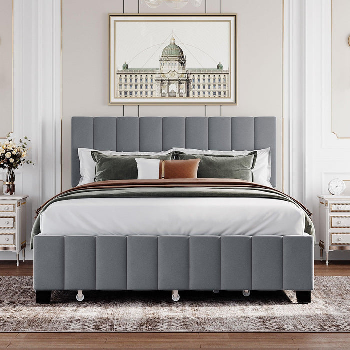 Queen Size Velvet Upholstered Platform Bed with 2 Drawers and 1 Twin XL Trundle- Gray