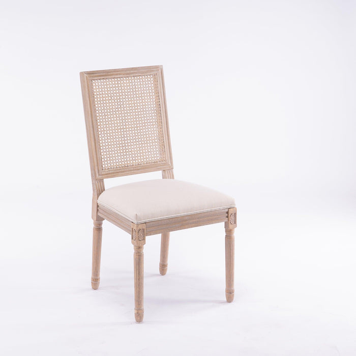 French Style Solid Wood Frame Linen Fabric Antique Painting Rattan Back Dining Chair ,Seat of 2,Cream