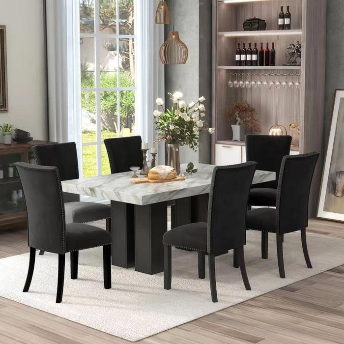 7-piece Dining Table Set with 1 Faux Marble Dining Rectangular Table and 6 Upholstered-Seat Chairs ,for Dining room and Living Room ,Black