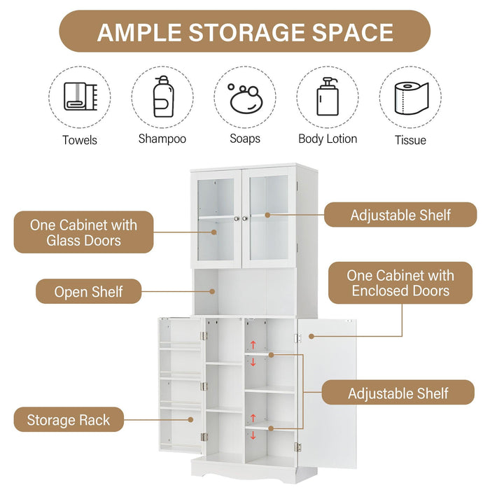 TallStorage Cabinet with Glass Doors for Bathroom/Office, MultipleStorage Space, White