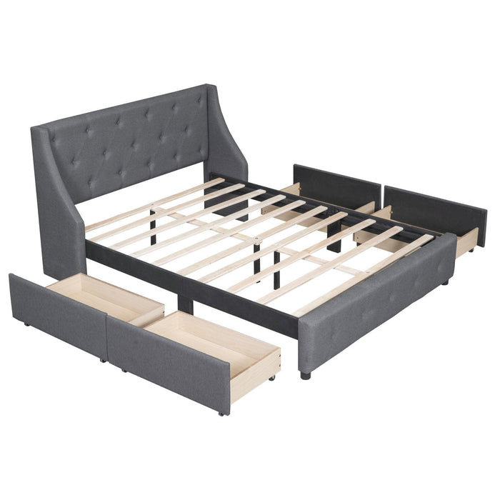 Upholstered Platform Bed with Wingback Tufted Headboard and 4 Drawers, No Box Spring Needed, Linen Fabric, Queen Size Gray