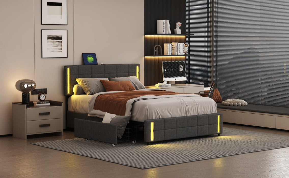 Queen Size Upholstered Platform Bed with LED Lights and USB Charging,Storage Bed with 4 Drawers, Dark Gray