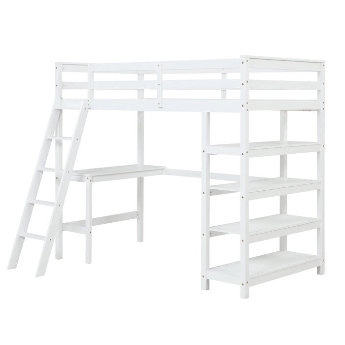 Twin Loft Bed with desk,ladder,shelves , White